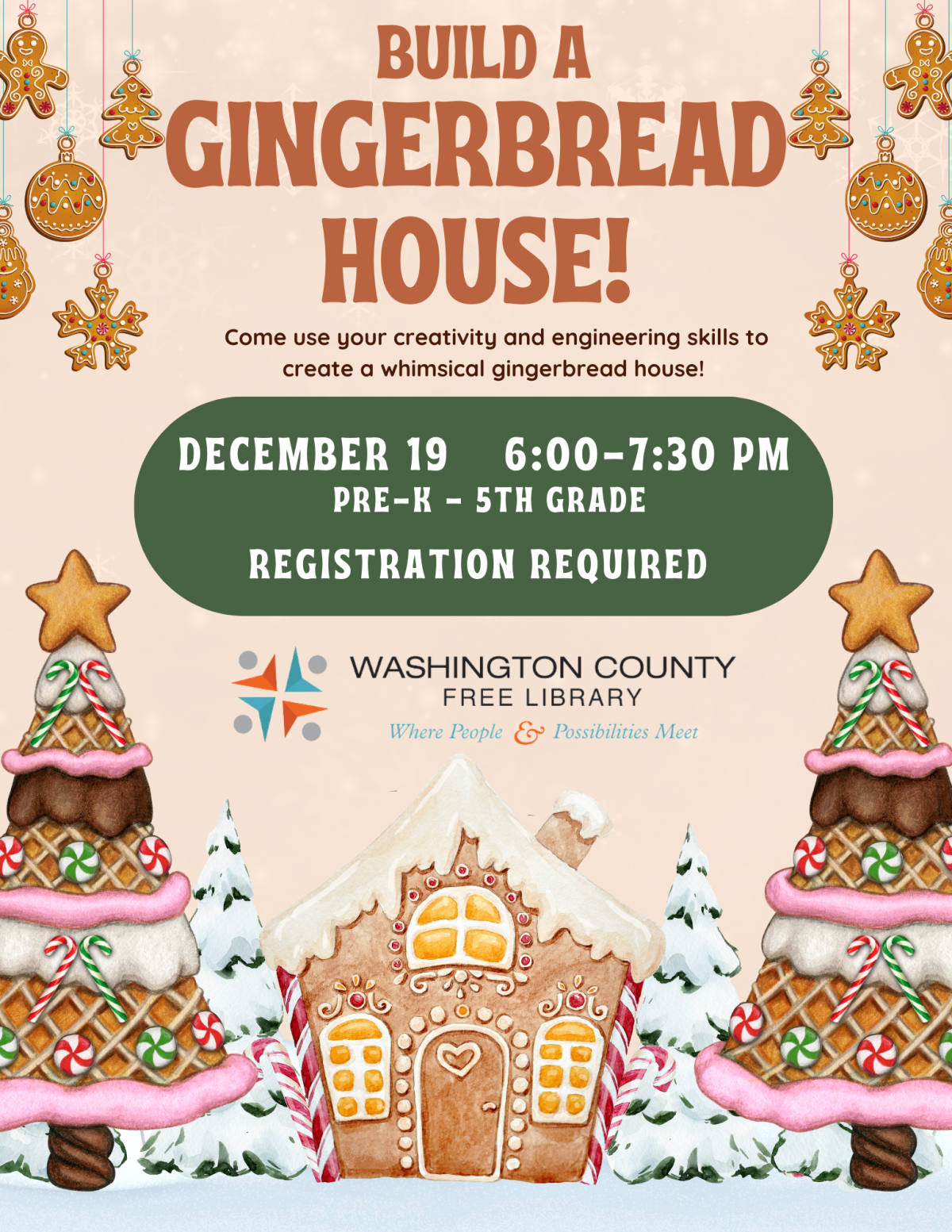 Build a Gingerbread House! December 19 at 6pm; Pre-K - 5th Grade