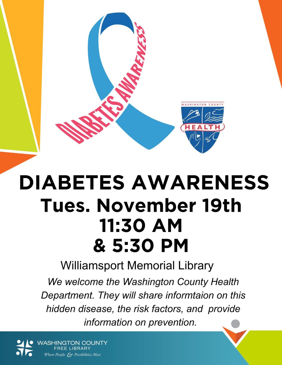 diabetes ribbon and wchd logo with dates of event 11/19/24