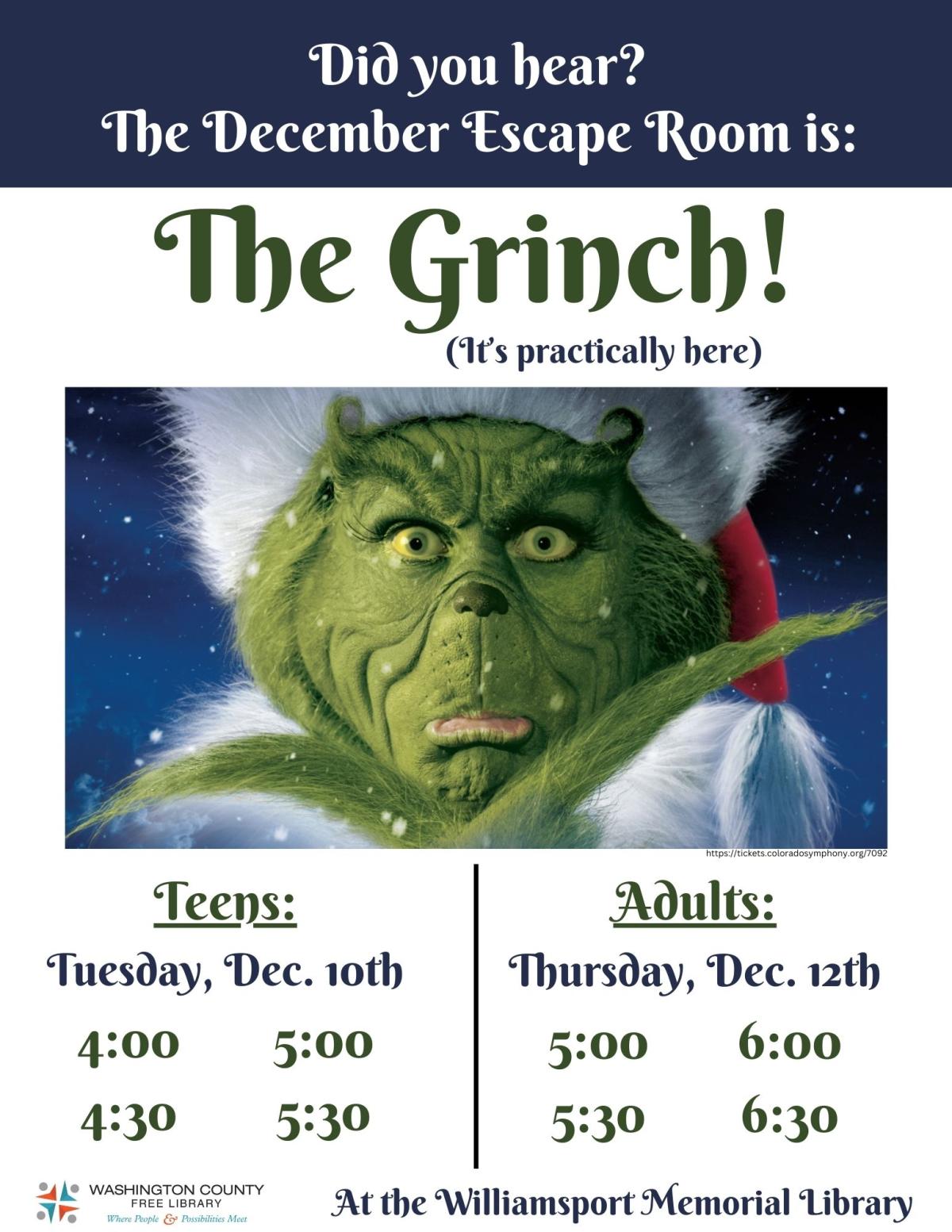 the grinch escape room tuesday December 10th for teens