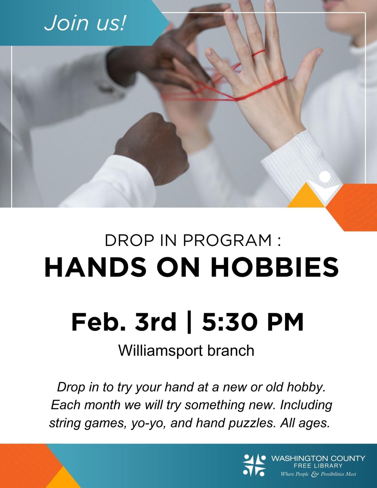 hands on hobbies 1st monday at 5:30 pm 