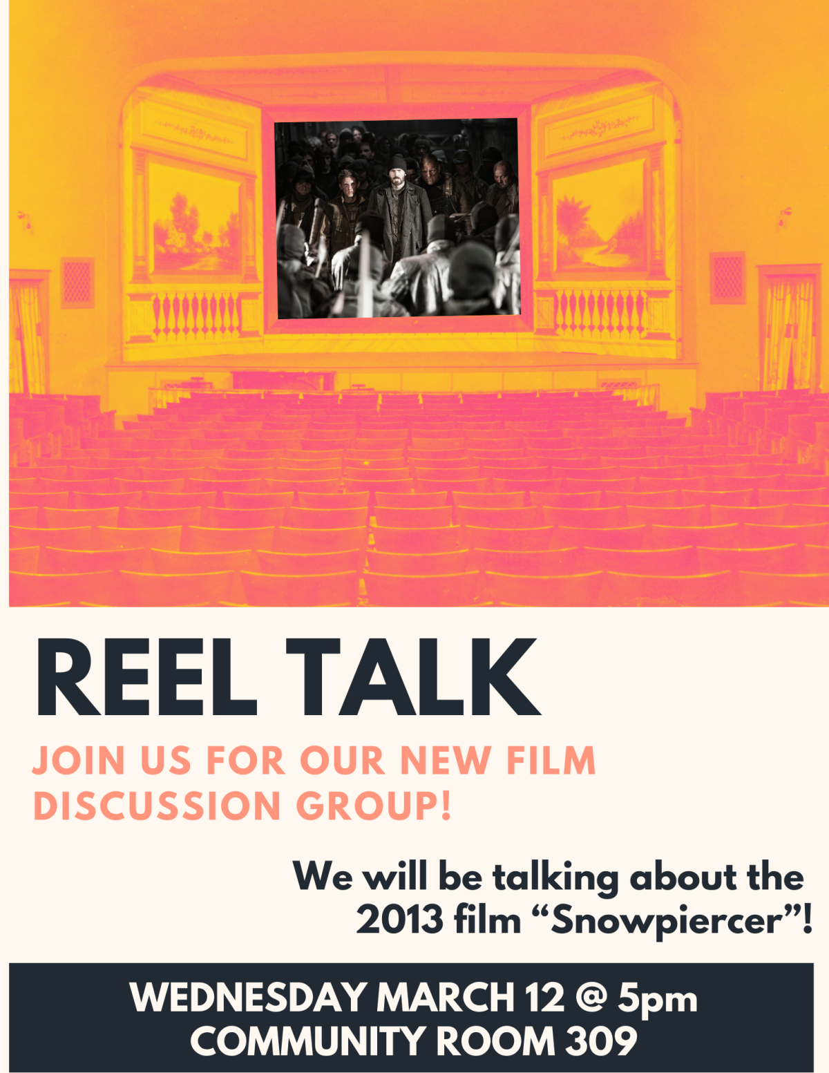 A theater shows a film on the screen. Text describes the event. 