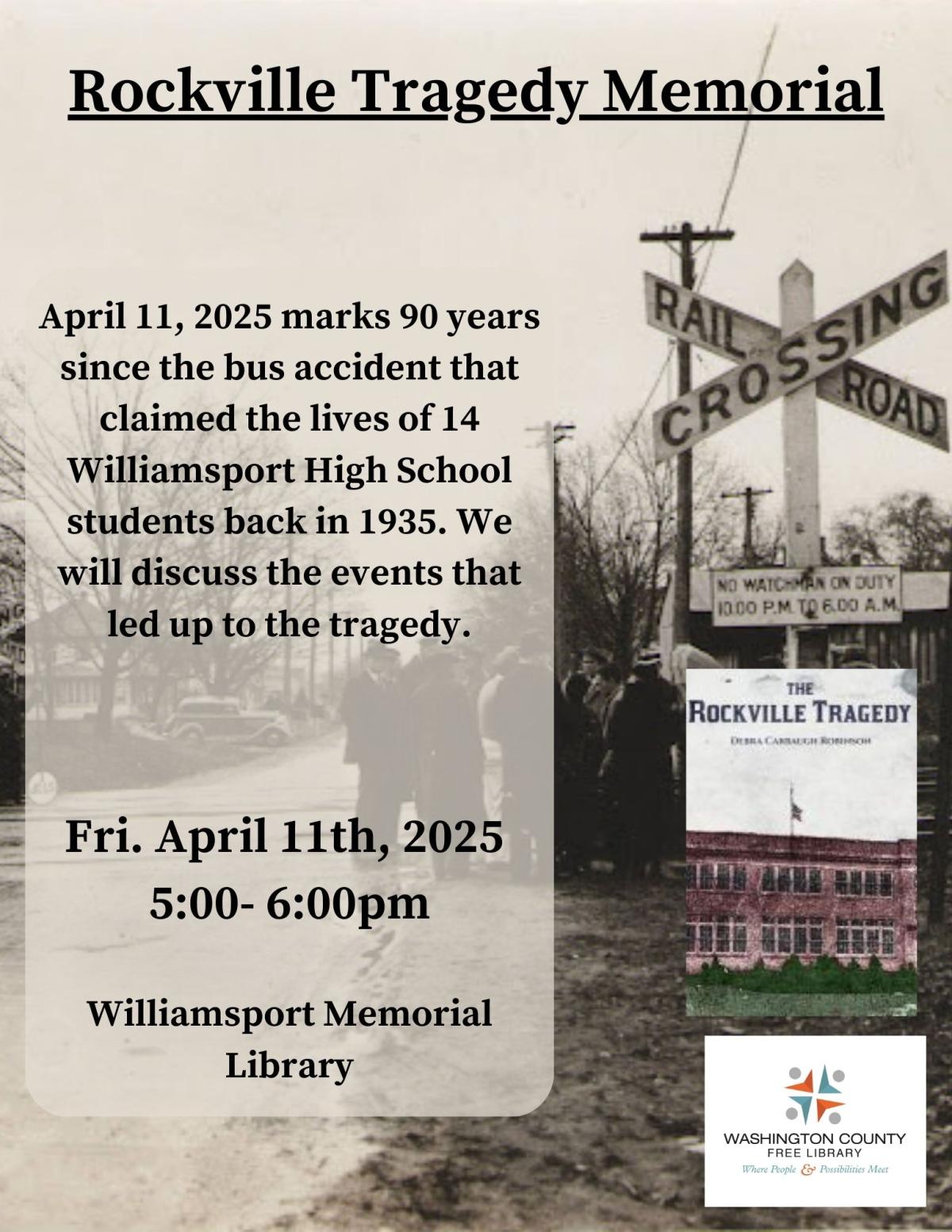 date of event and image of train crossing and book 