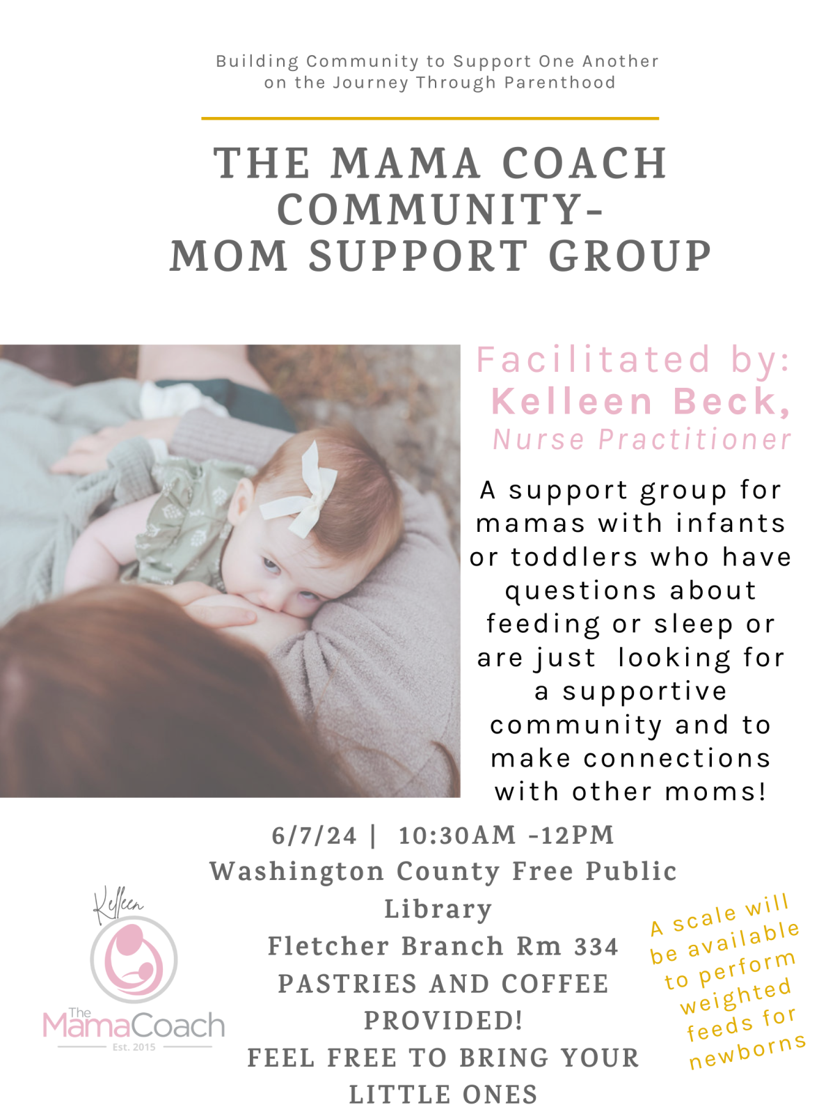 Mom and baby in background. Pink and black text. Information for event session.