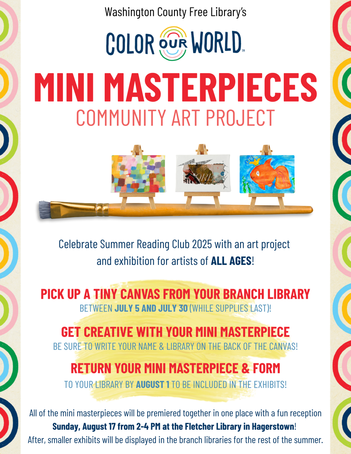 Tiny easels with art balanced along a paintbrush with program information below