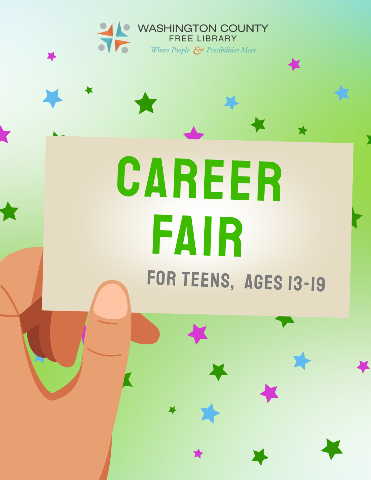 Hand holding a business card: Career Fair ages 13-19