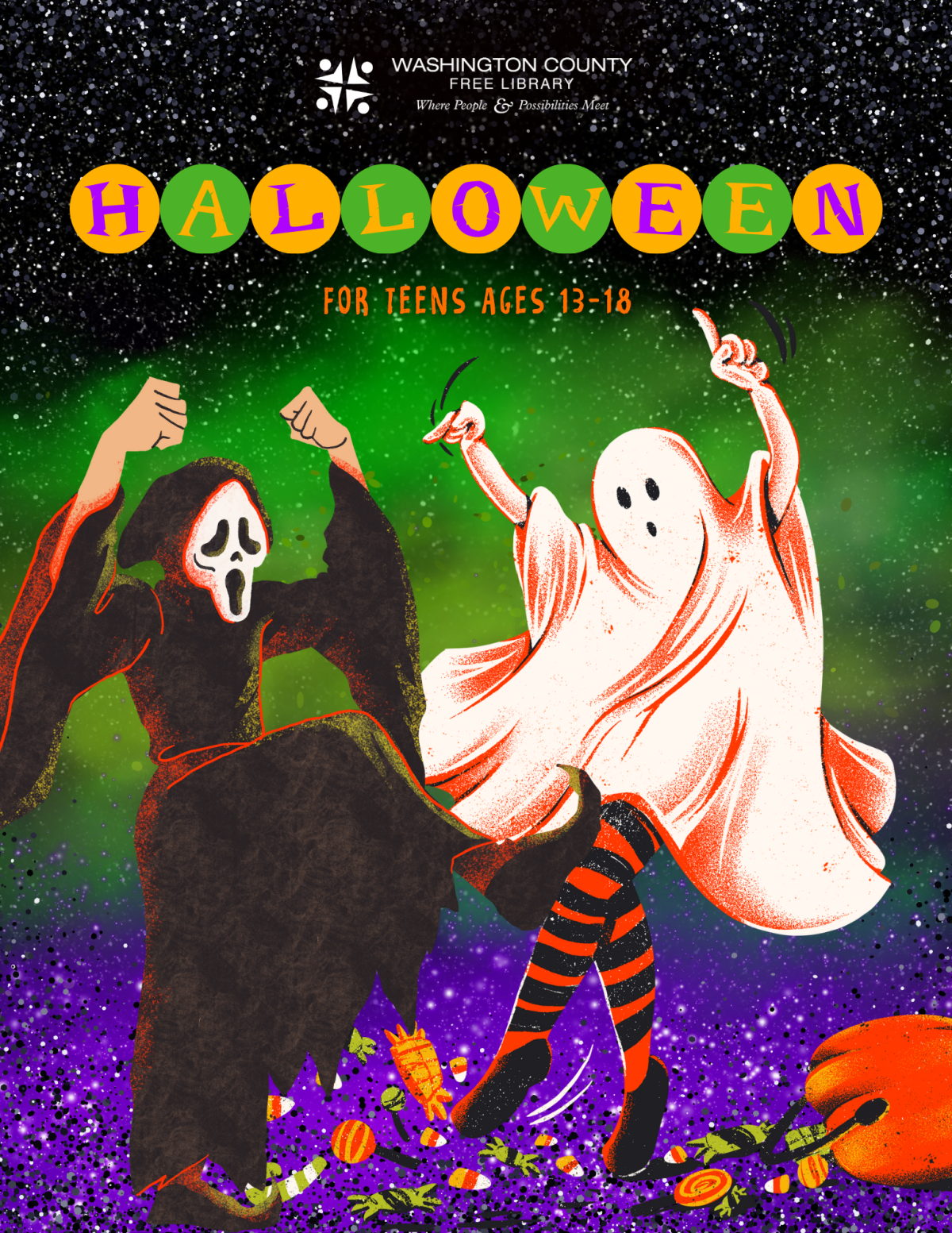 Halloween Party Scarface and Ghost dancing with green and purple mist behind them