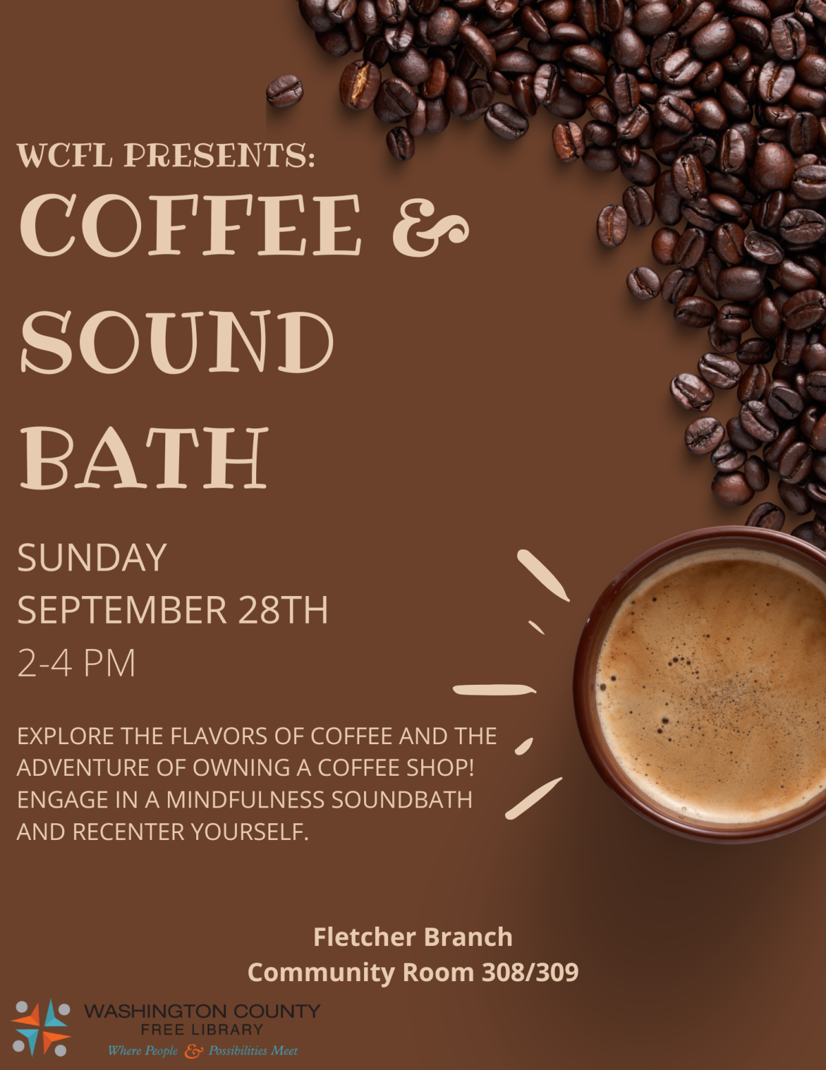 Dark brown background with coffee beans and a cup of coffee. Title and infomation of the event.