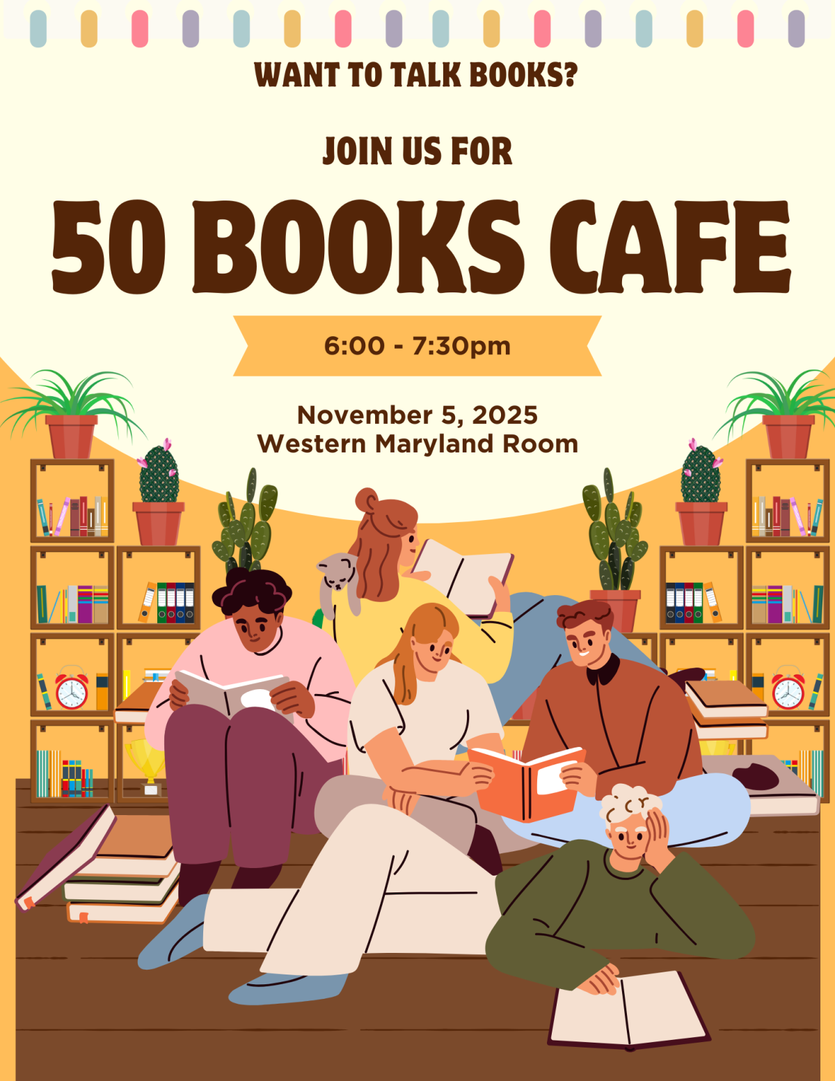 A group of people sit around reading books. Text describes the event.