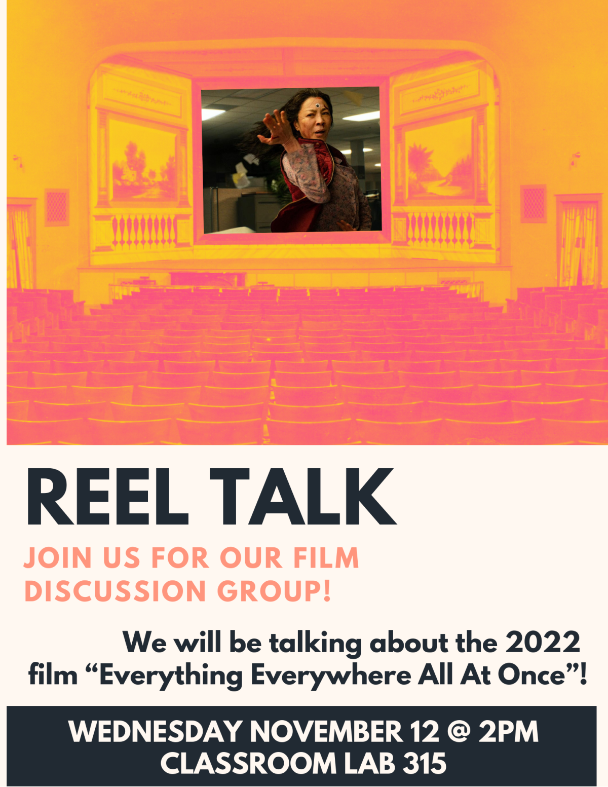 A theater shows a film on the screen. Text describes the event. 