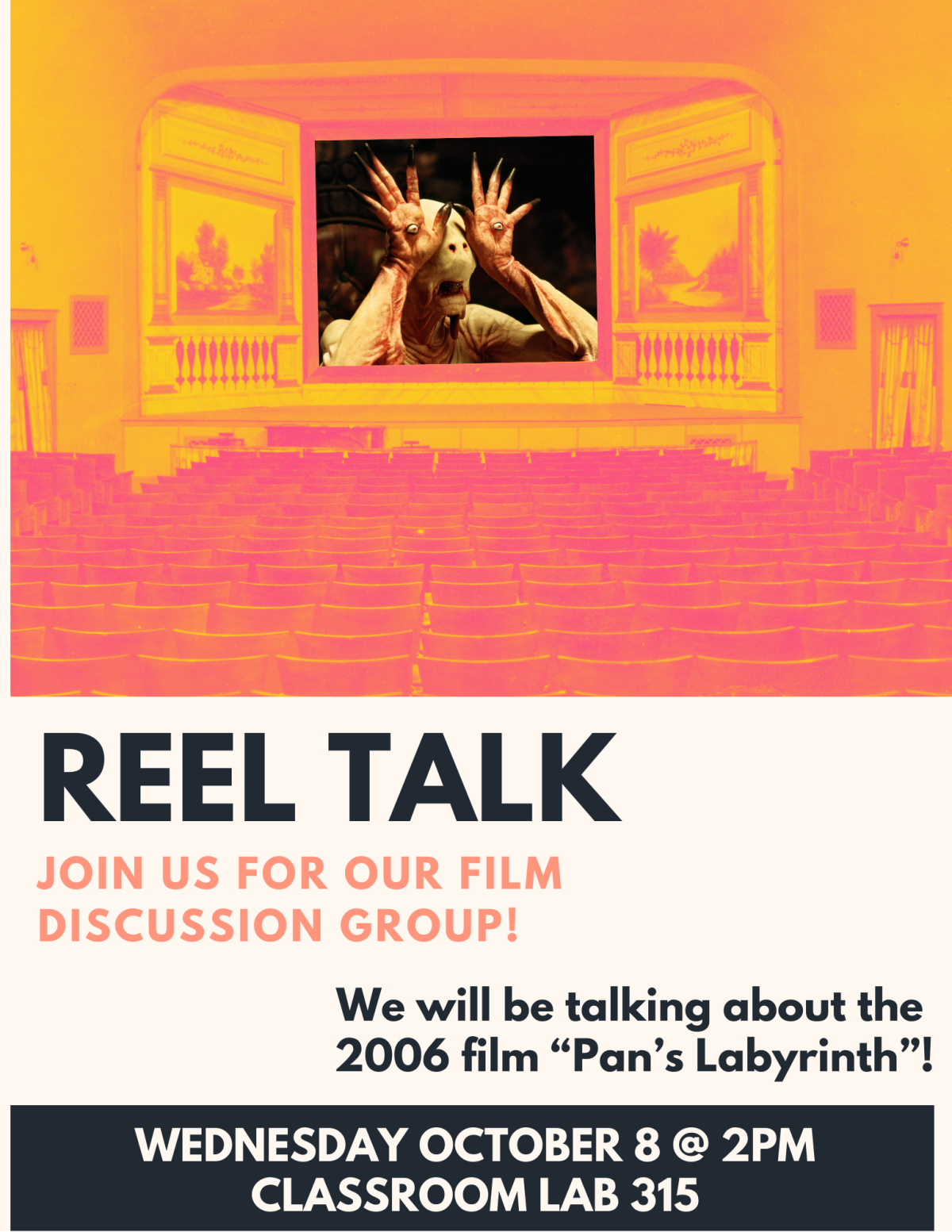 A theater shows a film on the screen. Text describes the event. 