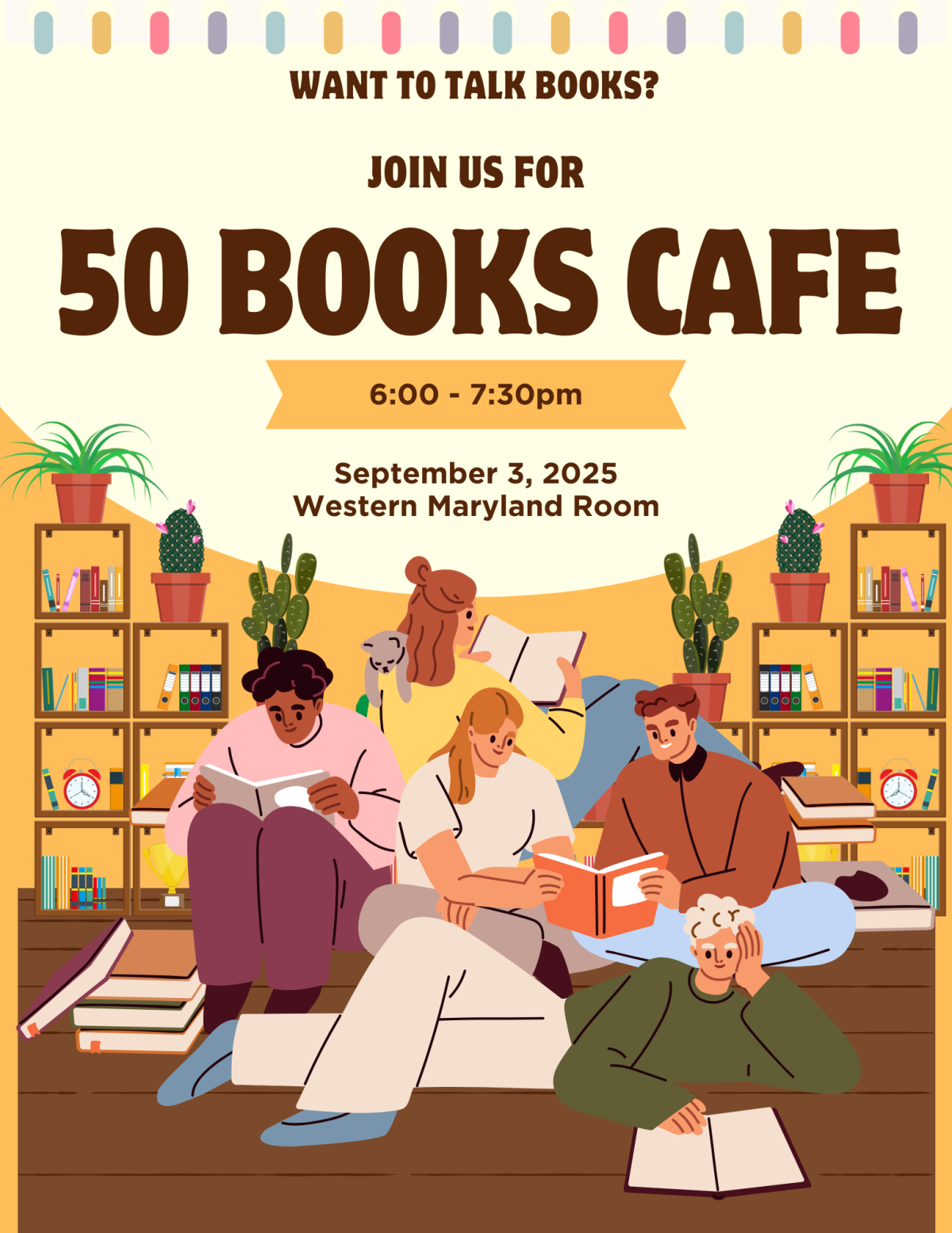 A group of people sit around reading books. Text describes the event.