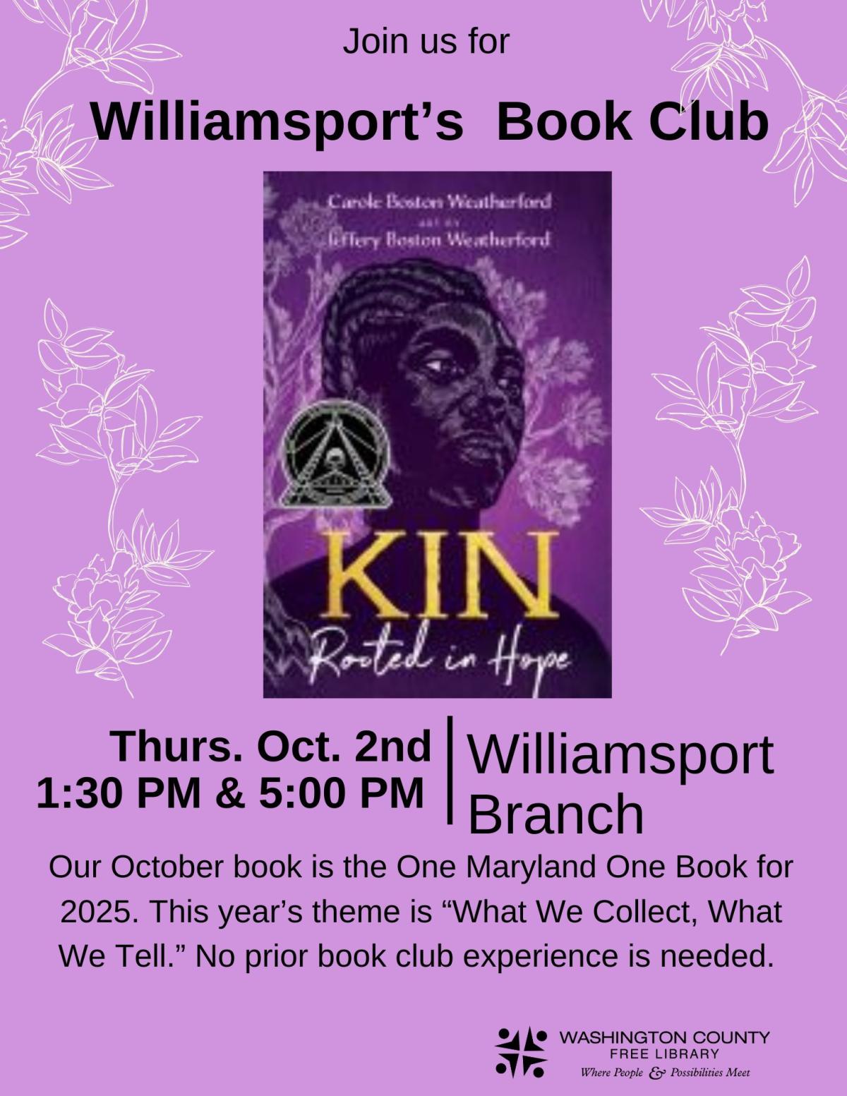 cover of book club book and date of event purple 