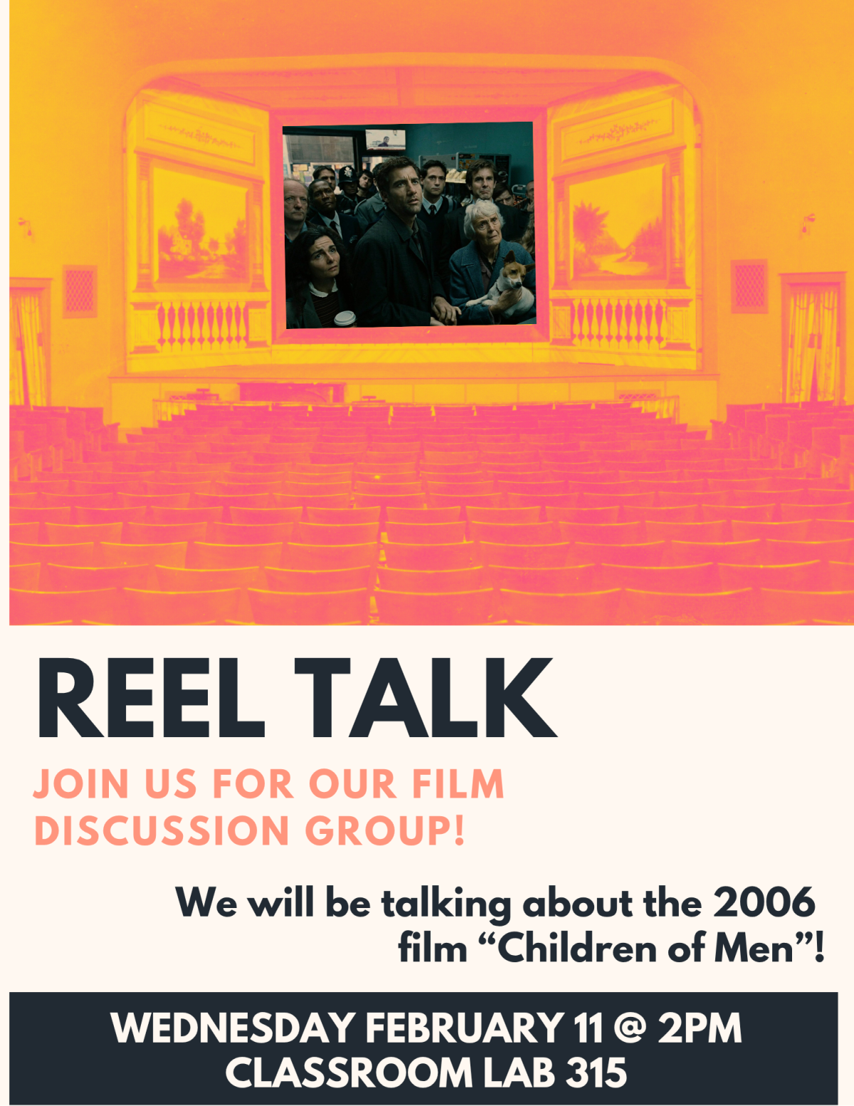 A theater shows a film on the screen. Text describes the event. 