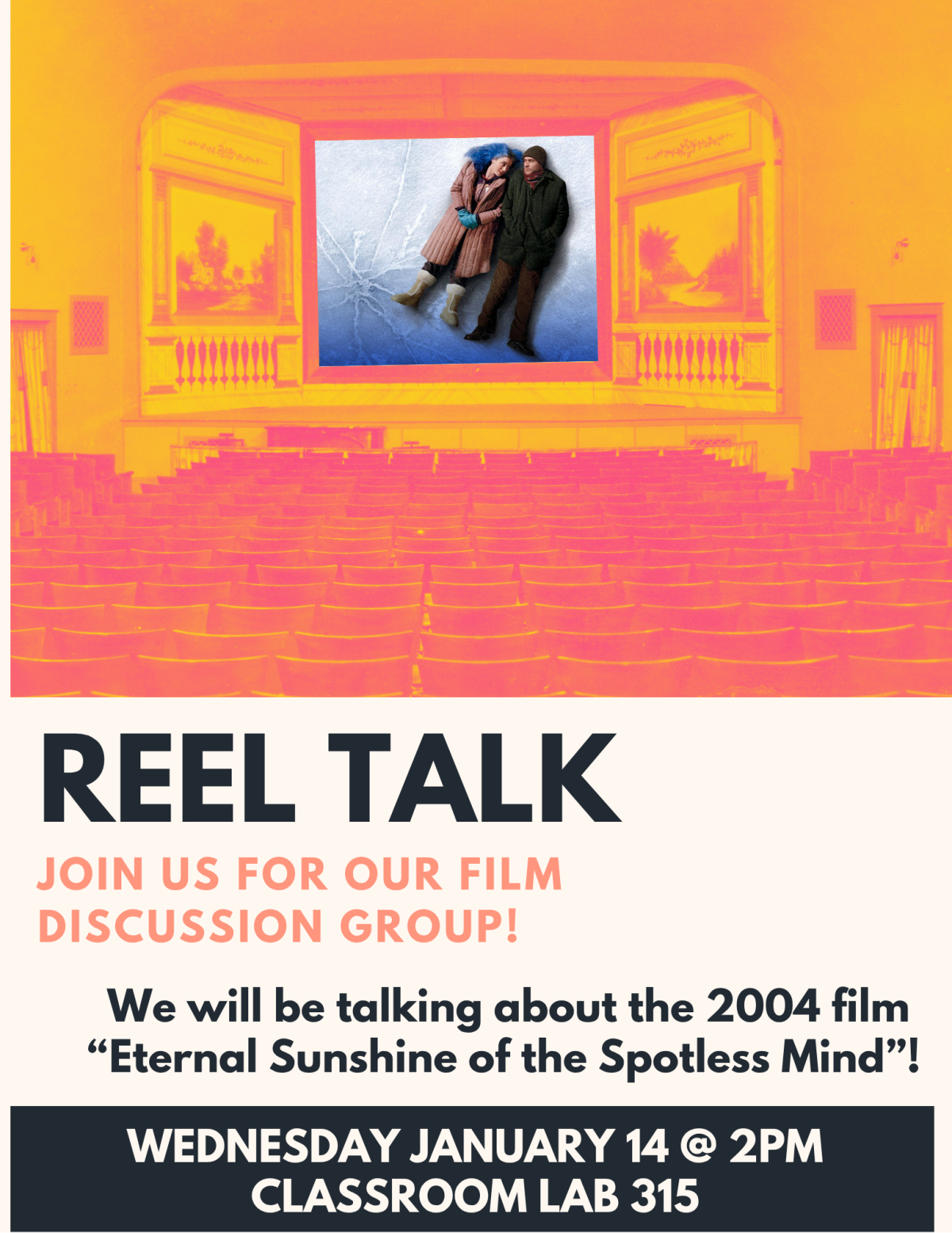 A theater shows a film on the screen. Text describes the event. 