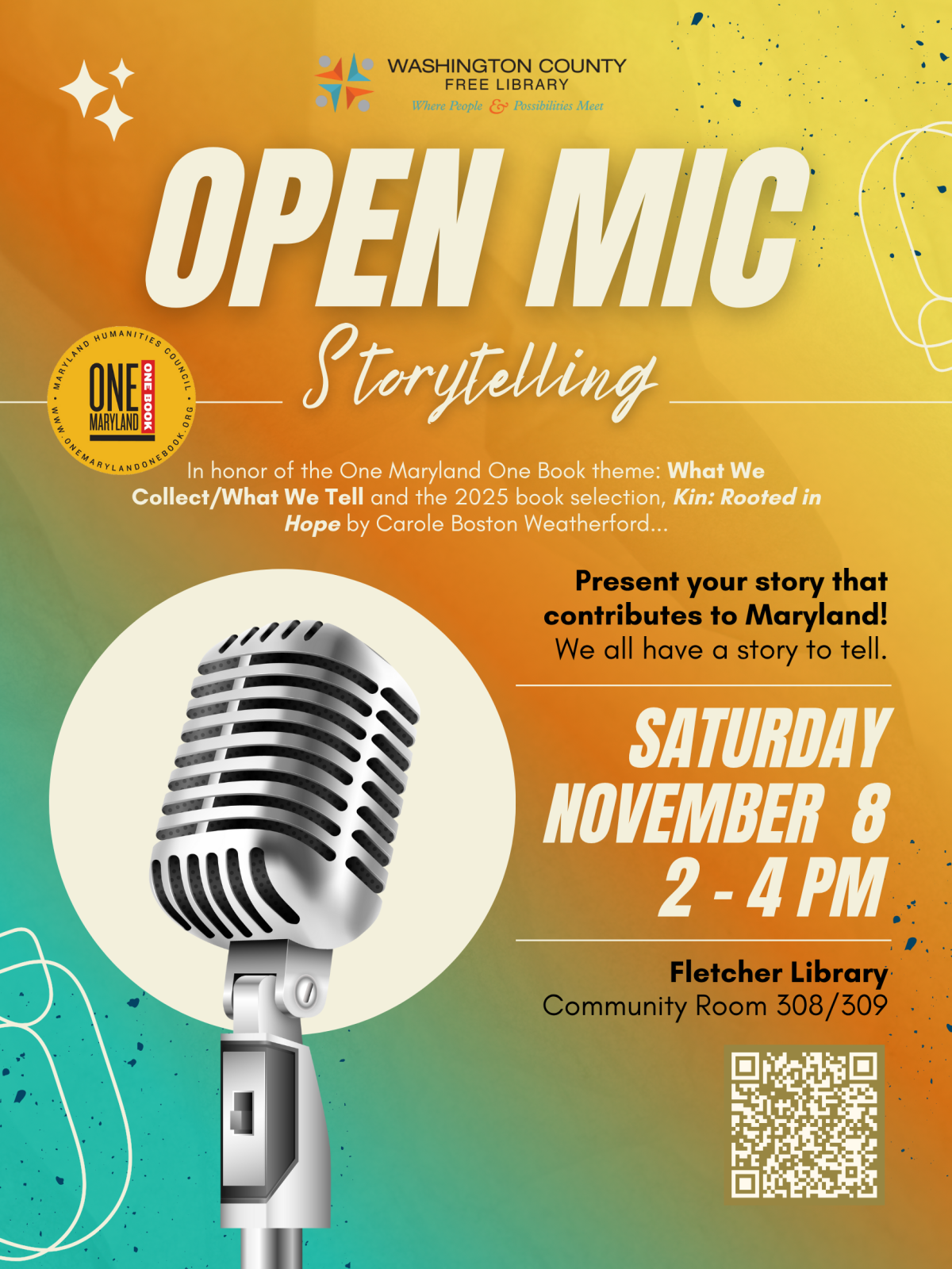 Blue and orange flyer. Giant mic with event information.