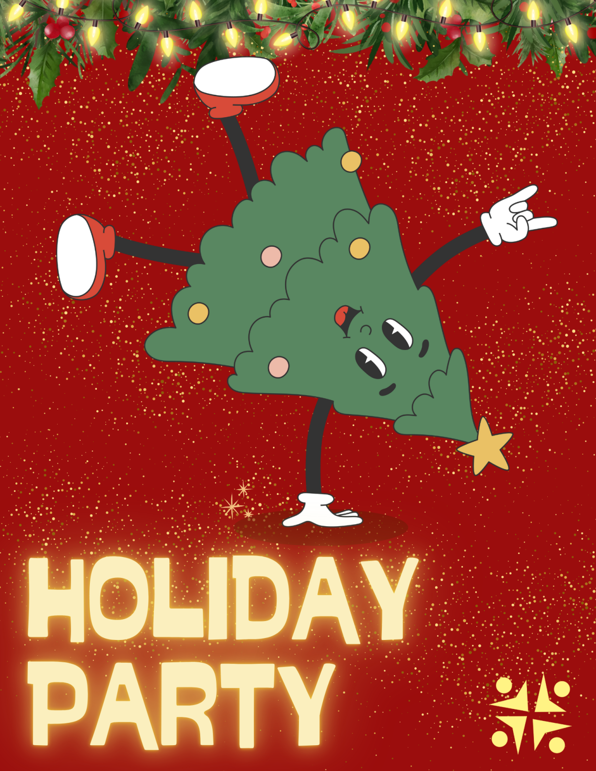 Animated christmas tree doing a handstand on a red background with gold glitter